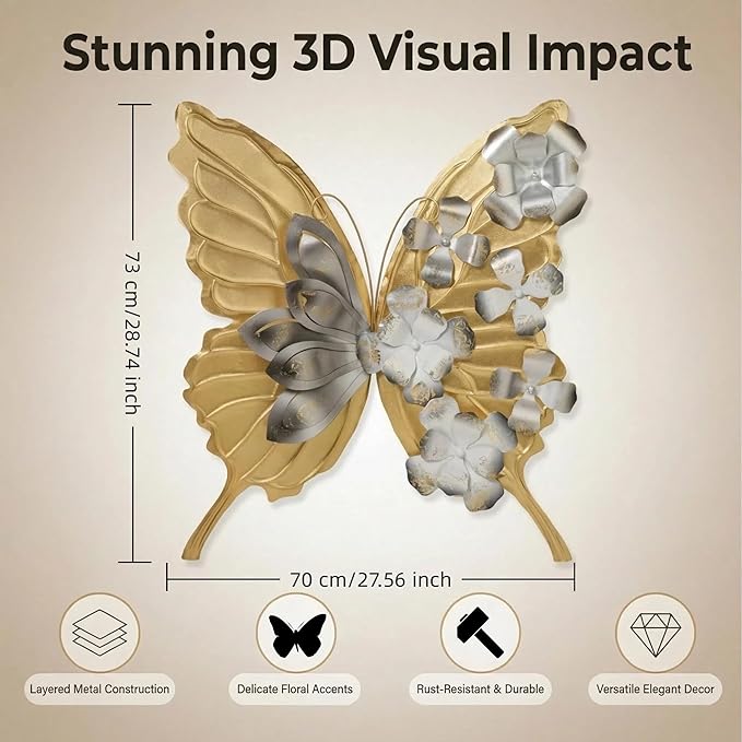 XWYLFDC Large Sized 3D Metal Wall Art Featuring Golden Butterfly