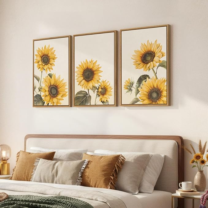 3 Piece Large Framed Floral Sunflower Wall Art