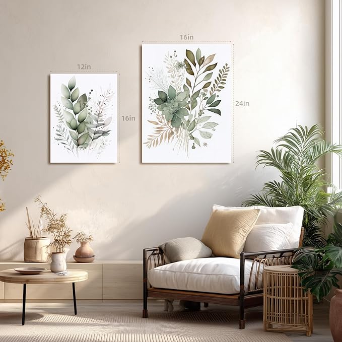 LLEEMPI Framed Sage Green Wall Art Set of 3, Modern Watercolor Botanical Wall