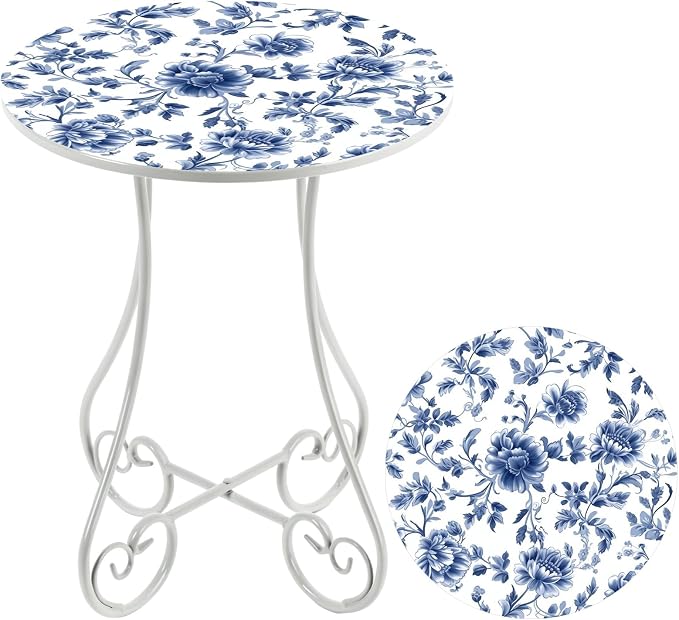 Cinnvoice 14 Inch Outdoor Side Table Round Small Patio Accent Weather Resistant Metal Elegant Indoor End Plant Coffee Tea Table for Yard Patio Outdoor Porch Garden Living Room(Blue Floral)