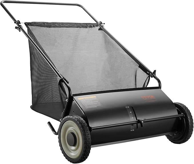 VEVOR Push Lawn Sweeper, 26 Inch Leaf & Grass Collector, Strong Rubber Wheels & Heavy Duty Thickened Steel Durable to Use with Large Capacity 7 ftÂ³ Mesh Collection Bag, 4 Spinning Brushes