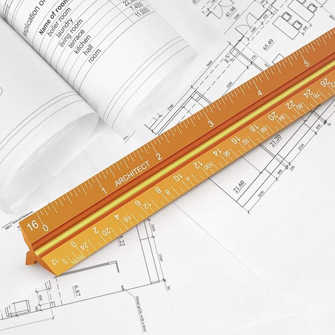 12" Architectural Scale Ruler Aluminum Architect Scale Triangular Scale Ruler for Architects, Draftsman, Students and Engineers, Golden