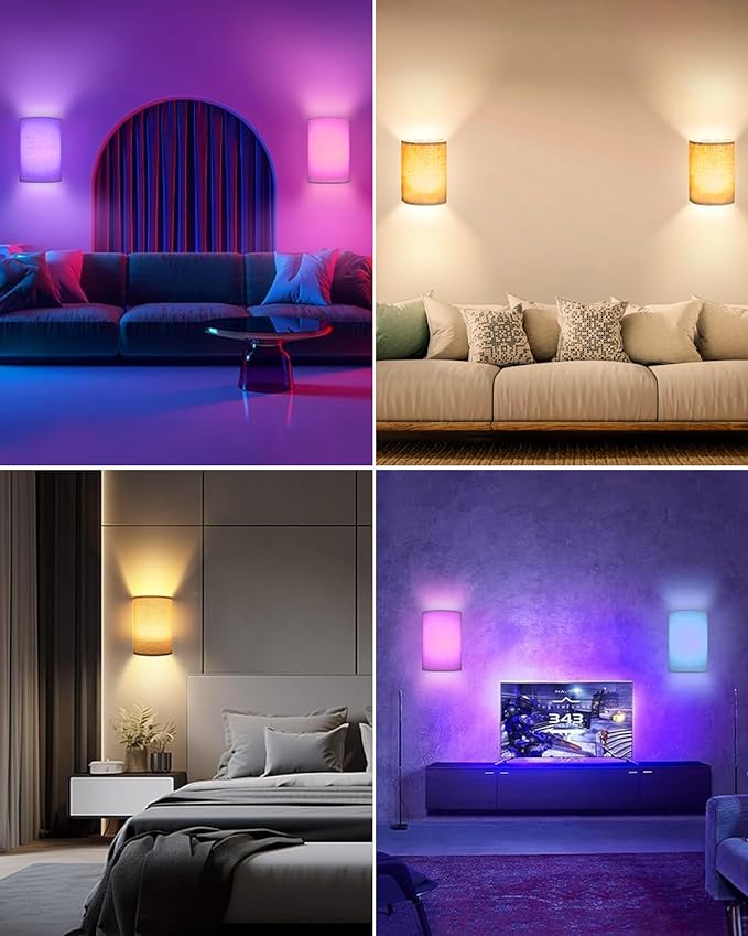 FINCMY Battery Operated Wall Sconces Set of Two, 18 RGB Colors Stick on Wall
