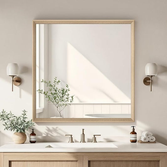 Oak Wood Effect Framed Wall Mirror, 36x36 Rectangle Mirror, Anti-desilvering