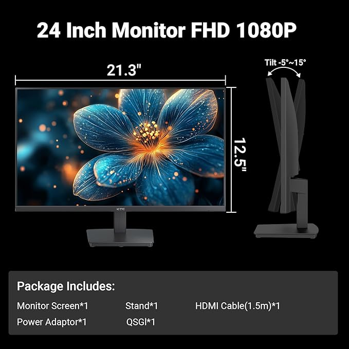 KTC 24 Inch FHD 1080P 100Hz Computer Monitor, VA Panel FreeSync PC Gaming Monitor, HDMI VGA Ports, HDR, 4000：1 Contrast, LowBlue Mode, Ergonomic Tilt Eye Care for Home Office