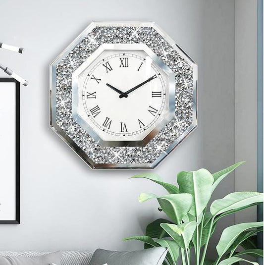 Wall Clock, Octagon Mirror Glass Clock, Cute Diamond 20-inch Non-Ticking Clock