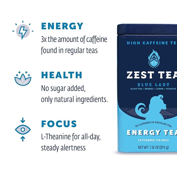 Zest Energy Tea Bags – Blue Lady Passion Fruit Black Tea – High Caffeine Tea for Morning Energy, Focus & Clarity – Natural Caffeinated Tea with 150mg Caffeine – 15Ct Box – Non-GMO & Keto Friendly