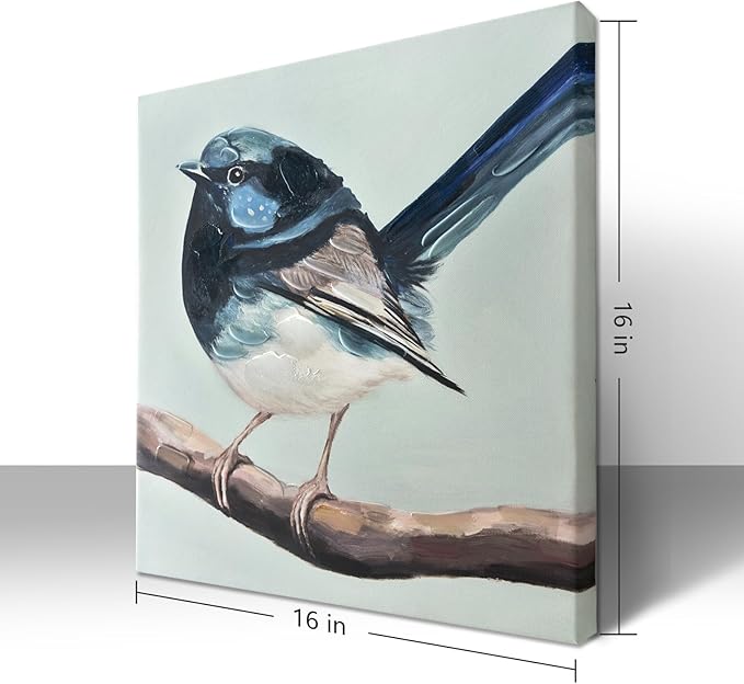 JolyWell Hand-Painted Bathroom bird wall artt, Sparrow canvas Wall Picture,3D Effect Nature Poster painting Bluebird Artwork on Canvas for Kids Room Living Room Bedroom or Gift 16x16 in