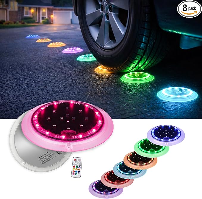 SHONELIGHTING Solar Driveway Lights, 48 LEDs 12-Color Changing Flat Dock Ground Lights, Waterproof Low Profile for Driveway, Walkway, Deck, Patio, Pathway, Poolside (RGB-W, 8 Pack)