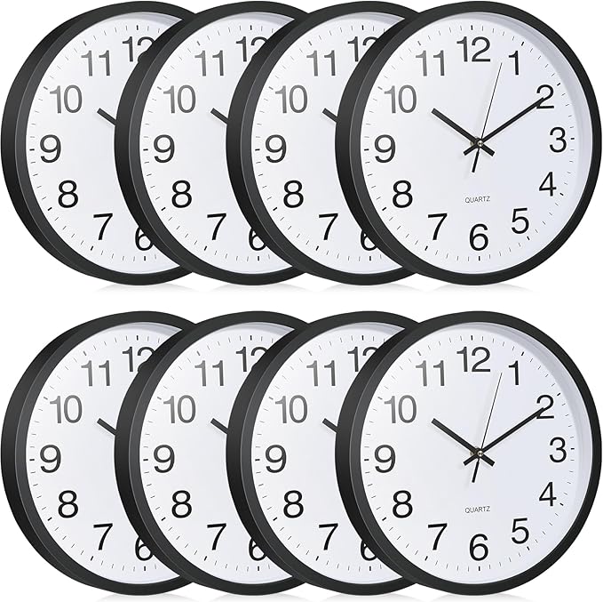 Inbagi 8 Pcs Wall Clock Bulk Large Silent Battery Operated Classroom Clocks