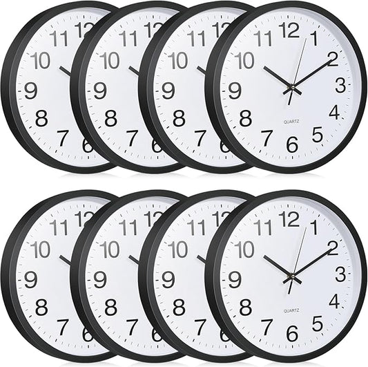 Inbagi 8 Pcs Wall Clock Bulk Large Silent Battery Operated Classroom Clocks