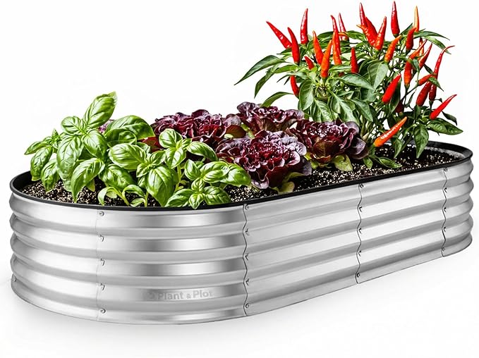 Plant & Plot Galvanized Raised Garden Beds Outdoor // 6Ã3Ã1 ft Planter Raised Beds for Gardening, Vegetables, Flowers // Large Metal Garden Box // Patented Tool-Free Design (Silver)