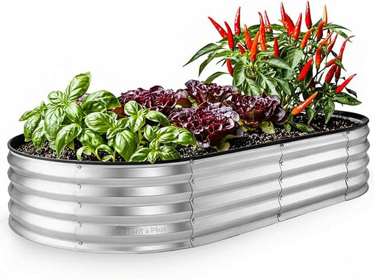 Plant & Plot Galvanized Raised Garden Beds Outdoor // 6Ã3Ã1 ft Planter Raised Beds for Gardening, Vegetables, Flowers // Large Metal Garden Box // Patented Tool-Free Design (Silver)