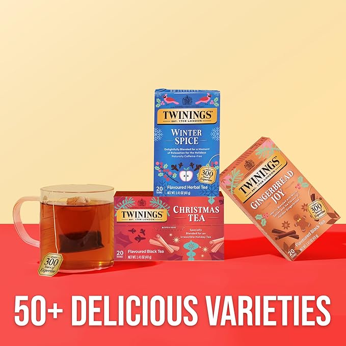 Twinings Christmas Black Tea Individually Wrapped Bags, 20 Count (Pack of 6), Aromatic Cinnamon & Clove, Caffeinated, Enjoy Hot or Iced, 120 Teabags