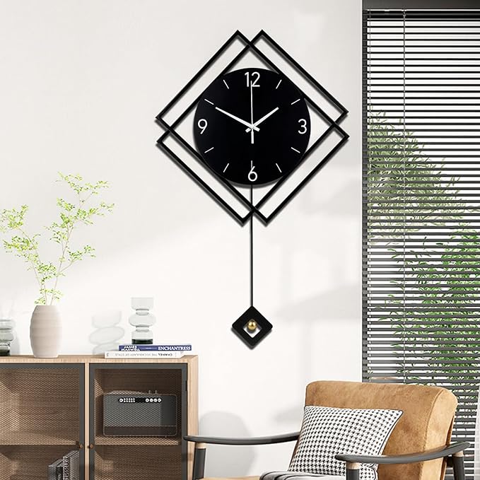 Wall Clock with Pendulum, Silent Quality Quartz Battery Operated, Modern Large