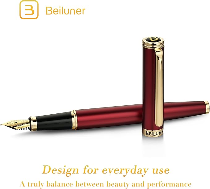 BEILUNER Red Fountain Pen,Stunning Luxury Pens with 24K Gold Finish, Gorgeous 24K Gilded Nib(Fine), Trustworthy Pen Gift for Men&Women -Ink Converter-Elegant,Graduation,Office,Nice Pen for Writing
