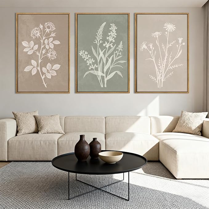 Anyzal Large Framed Boho Botanical Wall Art 16x24 Inch Neutral Plant Canvas Wall Decor Minimalist Floral Farmhouse Painting for Living Room Bedroom Dining Room Set of 3