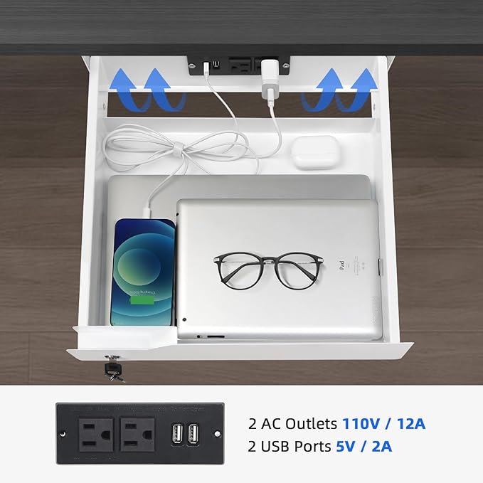 Lumil Under Desk Mounted Drawer Lockable with 3 Prong Extension Cord 10 FT with Multiple Outlets and Foldable Cable Management Arm for Office Desk 15.7" (W) x 15.7" (D) x 4.4" (H), White