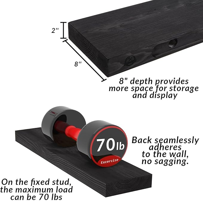 Wood Floating Shelves Set of 2, 36 Inch Long, 8 Inch Deep Solid Wood Wall