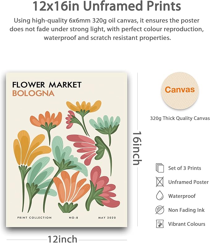 HesenDot Unframed Floral Wall Art Set of 3, 12x16in Flower Market Canvas Prints