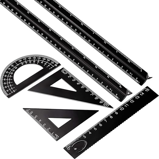 6 Pcs Triangular Ruler Set 12 Inch Engineering Scale Aluminum Architect Drafting Ruler Metal Protractor Arquitectura Accessories for Students Draftsman Engineers Metric(Black)