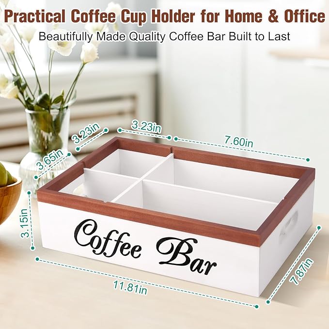 Wooden Coffee Organizer Holder with Divided Sections & Cutout Handle, Farmhouse Coffee Bar Organizer for Pods, Cups, Lids, Syrups, Stirrers & Accessories – Ideal Gift for Home or Office-White
