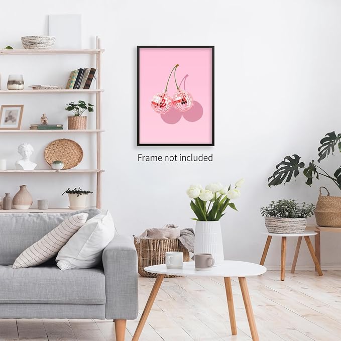 jkahh Funky Pink Cherry Poster Retro Disco Ball Canvas Wall Art Trendy Preppy