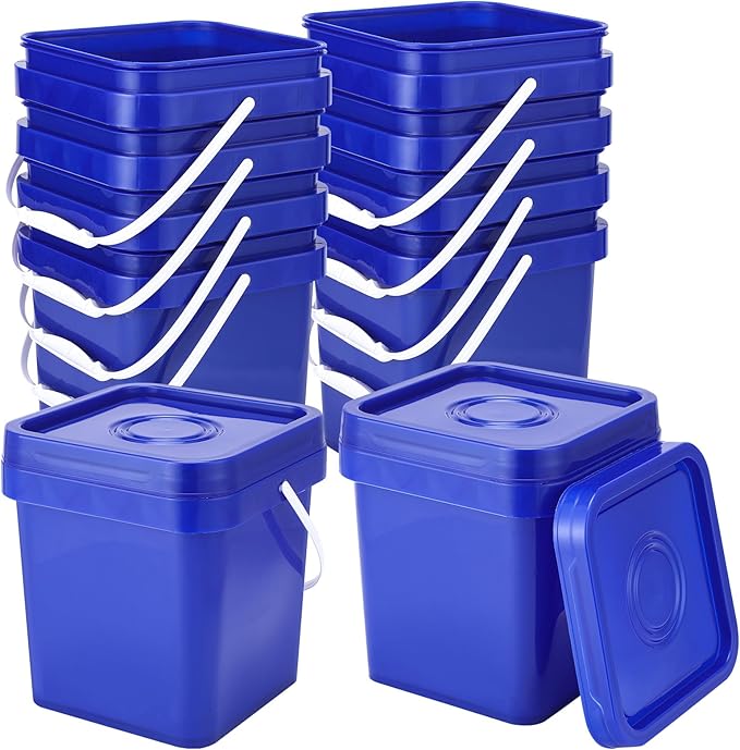 Suzile 10 Pcs Food Grade Square Bucket with Lid 1 Gallon Plastic Bucket 4.5L Utility Industrial Pail with Handle Container for Food Oil Tub Water Fishing Paint House Cleaning Car Washing (Blue)