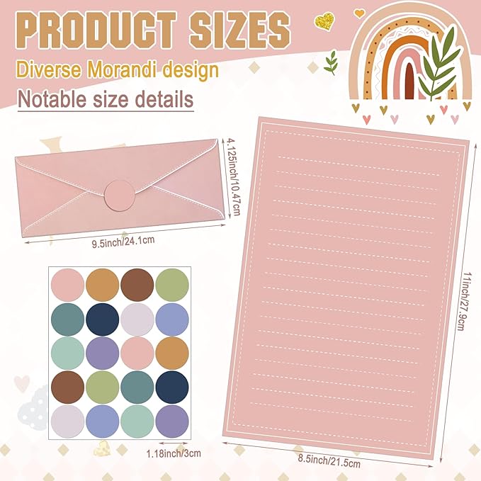 TaoBary 160 Packs Stationery Paper Set (50 Double Sided Stationery Writing Papers 50 Matching Envelopes) 60 Round Dot Sticker, 10 Design(11 x 8.5 Inch,Morandi Color)