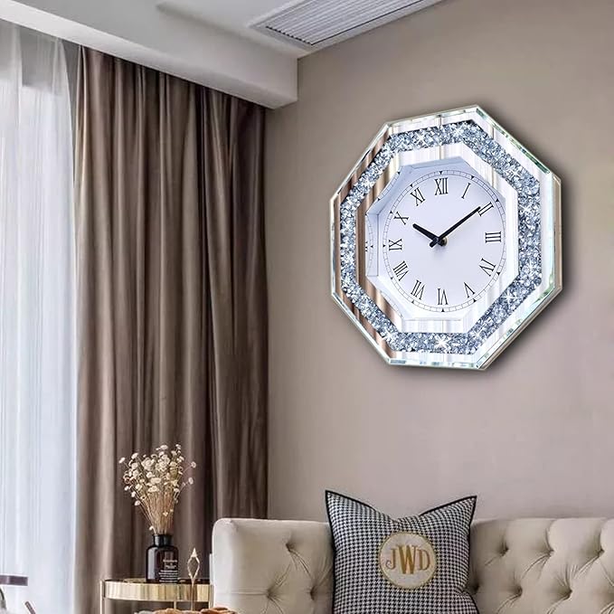 Wall Clock, Octagon Mirror Glass Clock, Cute Diamond 20-inch Non-Ticking Clock