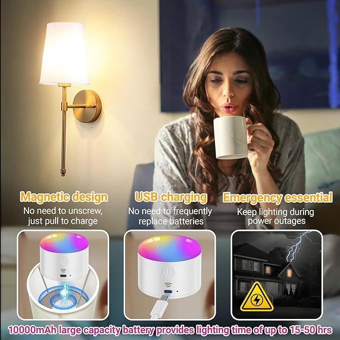 YHCDLAMP Battery Operated Wall Sconces Set of 2, Rechargeable Wireless Wall