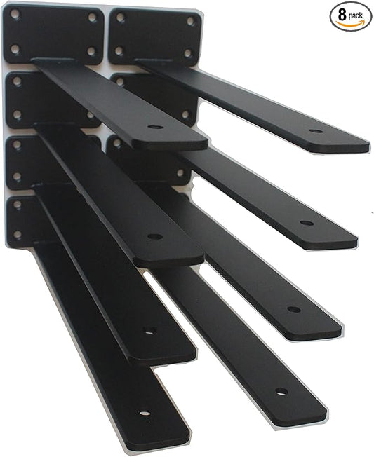 8 Pack - 12 inch Black Hidden L Shelf Bracket Iron Floating Shelf Brackets