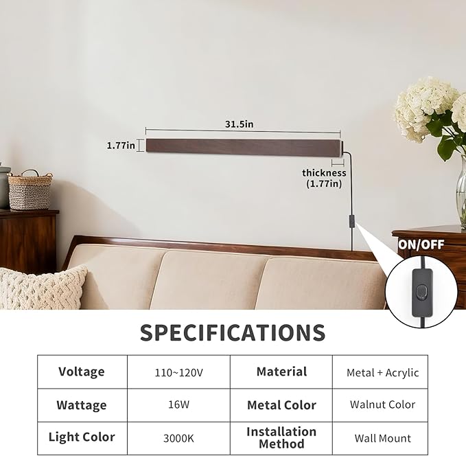 KELUOLY Farmhouse Plug in Long Wall Sconce, 31.4 inch Faux Walnut Finish LED
