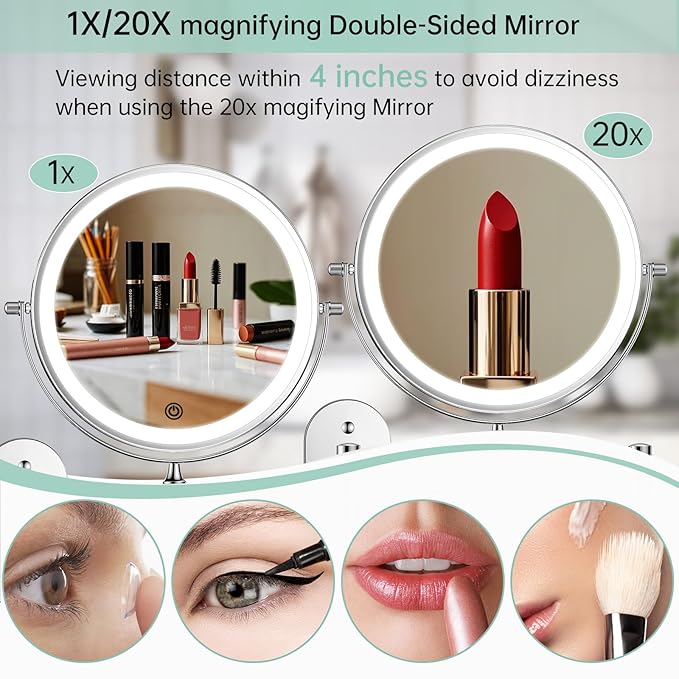FUNTOUCH 2500mAh Rechargeable Wall Mounted Lighted Makeup Vanity Mirror 8 Inch