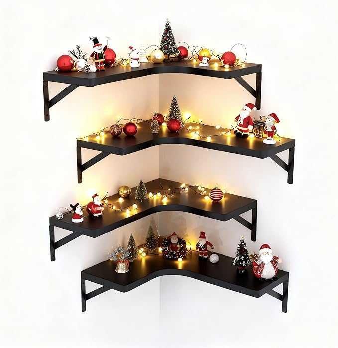 LEOPO Corner Floating Shelves Set of 4, Hardwood Storage Shelves, Cozy &