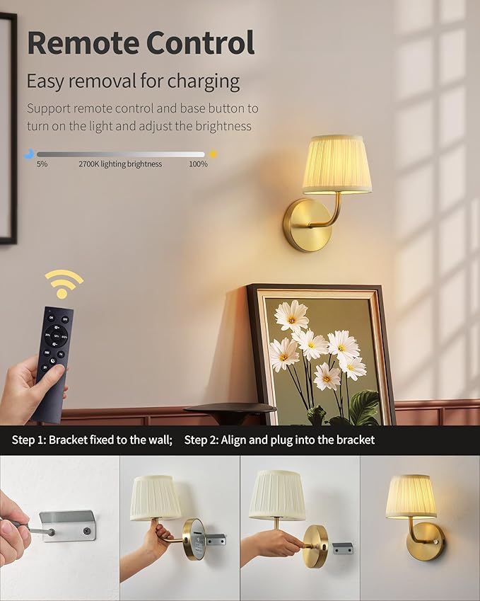 PUSU LED Cordless Gold H9.6 inch Small Wall Sconces Set of 2, Rechargeable