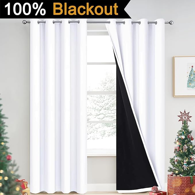 Yakamok Pure White 100% Blackout Curtains, 2 Thick Layers Completely Blackout