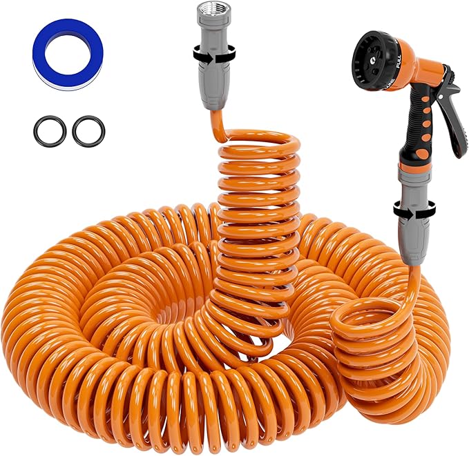 3/8â Lightweight Coil Garden Hose 100 FT, EVA Retractable Curly Water Pipe with 6-Pattern Spray Nozzle for Boat, Greenhouse, Yard, Patio (Orange)