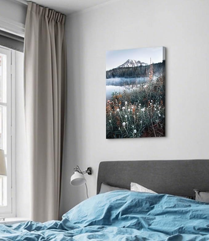 arttitue Nature Wall Art Canvas Decor: Lake Scene Picture Misty Landscape Print Mountain Forest Scenery Painting Natural Wildflower Artwork for Bathroom Living Room Bedroom Decoration