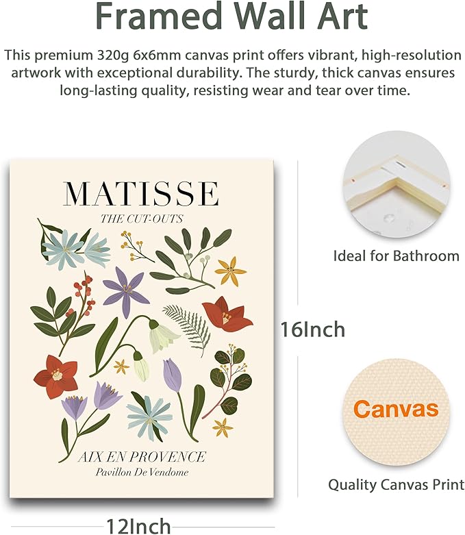 HesenDot 16x12IN Matisse Wall Art, Framed Canvas Bathroom Wall Art Pictures