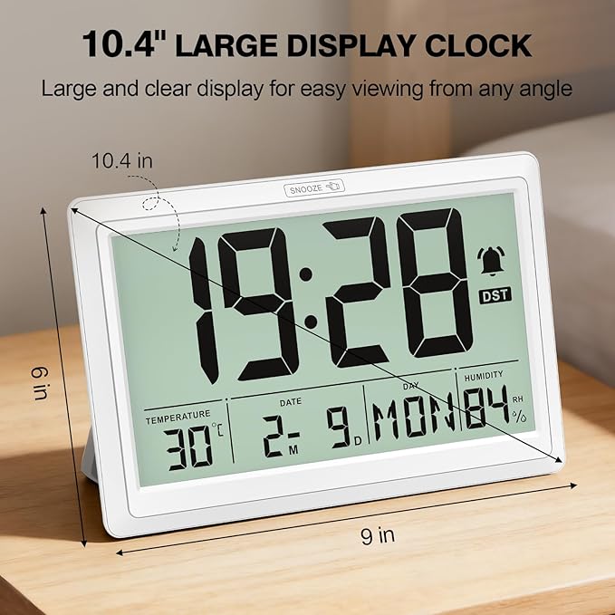 XREXS 10.4 Inch Digital Wall Clock, Battery Operated Large Display Clock