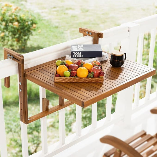 Idzo FSC Acacia Wood Folding Balcony Bar Table for Railings, Adjustable Height & Width, Teak Finish Durable Against Weather, Ideal Spacious Dimension of 27 9/16 x 23 7/16 Inch, Rectangular Design