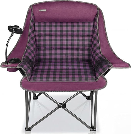 Oversized Camping Chairs for Adults- Heavy Duty Extra Large Lawn Chair,Folding Comfy Padded Camp Chair for Outdoor Sports Garden Beach Fishing,Wide&Thick,Purple Plaid