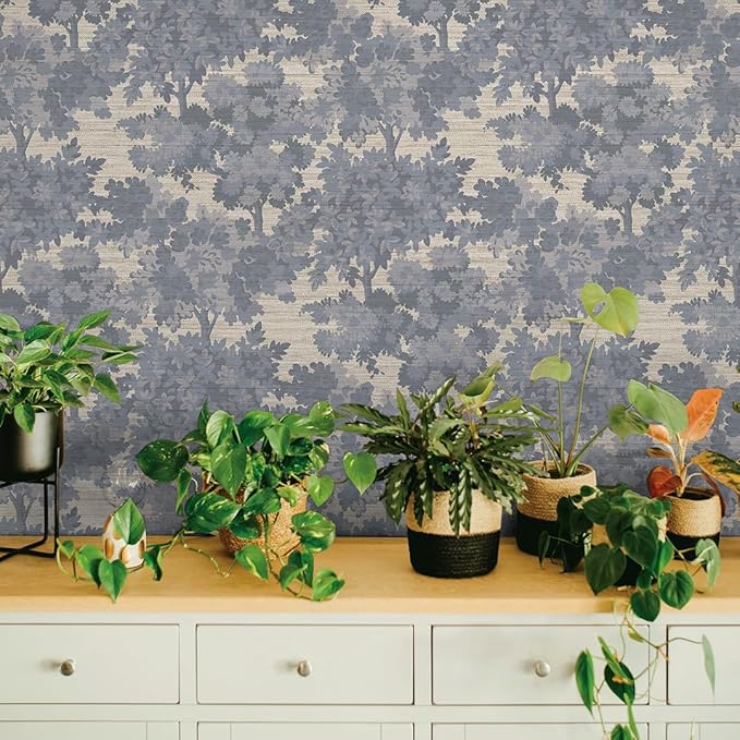 Tempaper Textured Blue Canopy Toile Faux Grasscloth Removable Peel and Stick