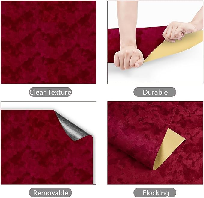 YENHOME 17.7"X393" Dark Red Wallpaper Stick and Peel, Vintage Velvet Wallpaper