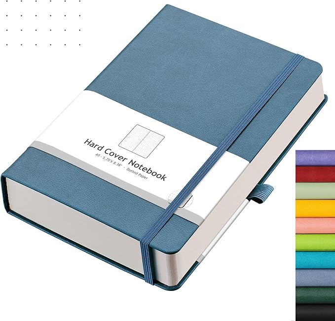 AHGXG Bullet Dotted Journal - 320 Numbered Pages Dot Grid Notebook A5 Thick Journal, 100gsm Thick Dotted Paper, Leather Hardcover,Inner Pocket, 5.75'' × 8.38'' - GrayBlue