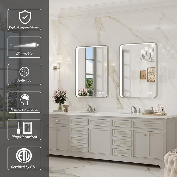 LED Bathroom Mirror with Lights, 24x32 Inch Brushed Silver Framed Lighted