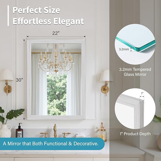White Grey Wood Effect Framed Wall Mirror, 22x30 Rectangle Mirror,
