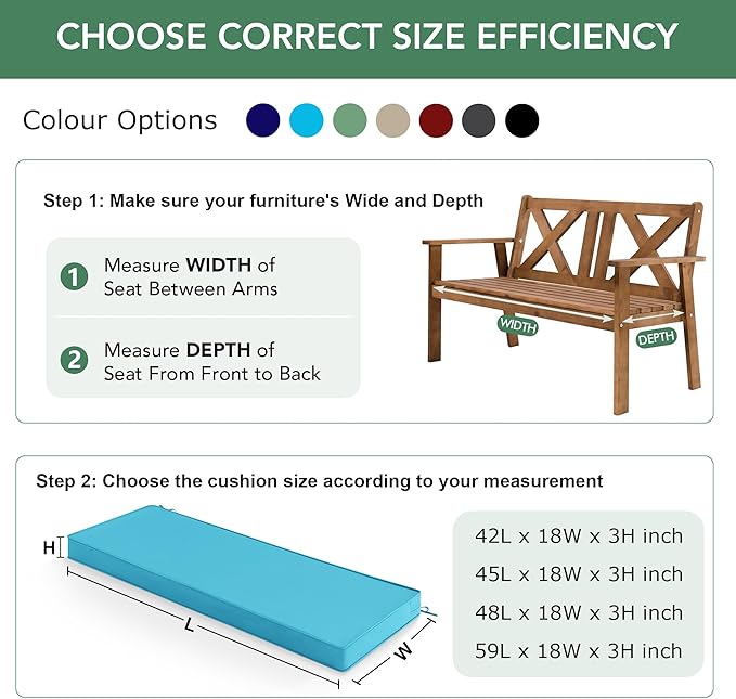 Summsun Outdoor Bench Cushion: Waterproof and Fade Resistant Patio Furniture Cushions - Non-Slip Bench Pad Cushion with Removable Cover for Garden Swing Porch Sofa Settee, 48 x 18 x 3 Inch, Teal