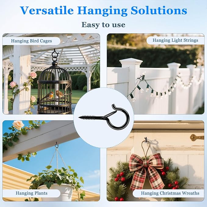 36 Pack Black Screw Hooks with Safety Buckle - 2.3 Inch Rustproof Eye Ceiling Hooks for Hanging Plants,Outdoor String Lights,Baskets,Christmas Lights & Decor,40lb Capacity (36, Black)